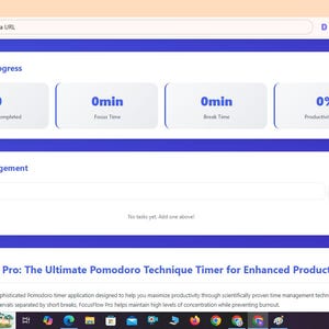 Puede incluir: Una interfaz digital para la aplicaci&oacute;n de productividad FocusFlow Pro. La pantalla muestra una secci&oacute;n Today's Progress con cero sesiones, cero minutos de enfoque y descanso, y una puntuaci&oacute;n de productividad del cero por ciento. Debajo hay un &aacute;rea de gesti&oacute;n de tareas con un bot&oacute;n Add Task y una descripci&oacute;n del software como un temporizador de t&eacute;cnica Pomodoro.