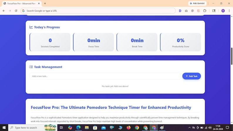 Puede incluir: Una interfaz digital para la aplicaci&oacute;n de productividad FocusFlow Pro. La pantalla muestra una secci&oacute;n Today's Progress con cero sesiones, cero minutos de enfoque y descanso, y una puntuaci&oacute;n de productividad del cero por ciento. Debajo hay un &aacute;rea de gesti&oacute;n de tareas con un bot&oacute;n Add Task y una descripci&oacute;n del software como un temporizador de t&eacute;cnica Pomodoro.