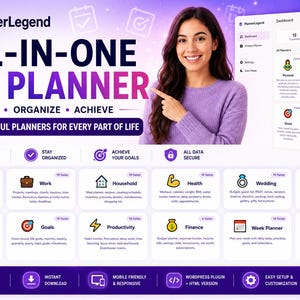 Puede incluir: Un panel de control digital de planificación de vida todo en uno titulado PlannerLegend que incluye doce categorías distintas como personal, trabajo, salud, finanzas y viajes. La interfaz muestra iconos, descripciones de texto y un menú lateral.