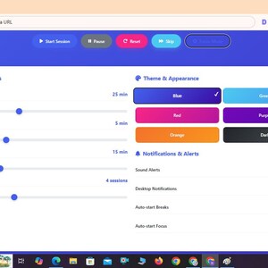 Puede incluir: Una interfaz digital para FocusFlow Pro que muestra la configuraci&oacute;n del temporizador con controles deslizantes para la duraci&oacute;n del enfoque, descansos cortos, descansos largos e intervalos. La secci&oacute;n de tema y apariencia muestra opciones de color.