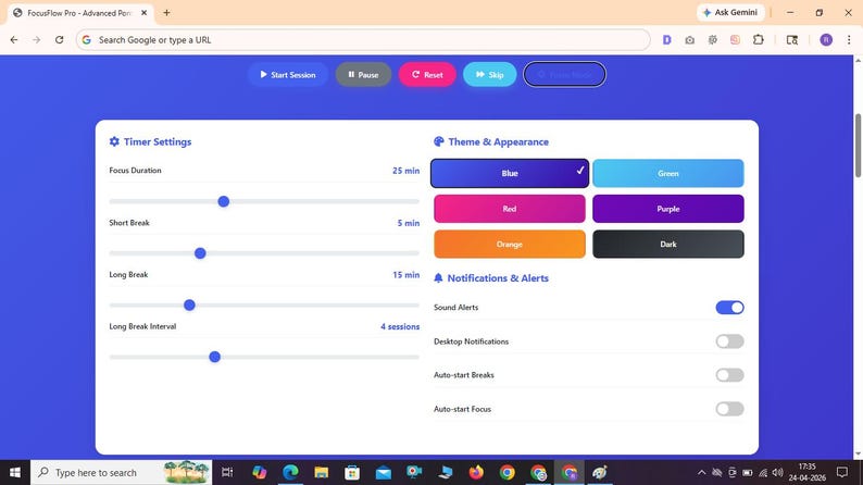 Puede incluir: Una interfaz digital para FocusFlow Pro que muestra la configuraci&oacute;n del temporizador con controles deslizantes para la duraci&oacute;n del enfoque, descansos cortos, descansos largos e intervalos. La secci&oacute;n de tema y apariencia muestra opciones de color.