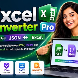 May include: A digital software interface titled Excel Converter Pro, featuring a laptop screen displaying a conversion process between CSV, JSON, and XLSX file formats with a green success bar and the text Conversion Completed Successfully.