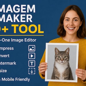 May include: A digital advertisement for an all-in-one image editor tool titled IMAGEM MAKER 10+ TOOL. The graphic features text listing features like Compress, Convert, Watermark, and Resize, alongside icons and a photo of a tabby cat.