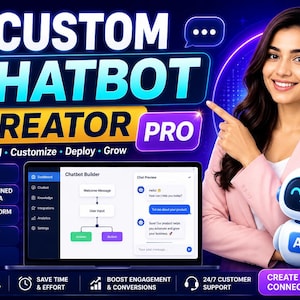 Könnte beinhalten: Eine digitale Grafik für Custom Chatbot Creator Pro mit einem Laptop, der eine Chatbot-Builder-Oberfläche anzeigt, einer kleinen weißen und blauen Roboterfigur mit KI-Label sowie Text, der Funktionen wie KI-gestützte Antworten und keine Programmierung hervorhebt.
