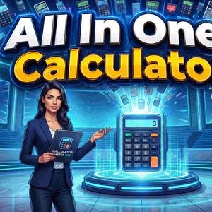 May include: A digital interface for the All In One Calculator app featuring a central calculator icon, a professional figure holding a tablet, and neon blue stadium lighting. Text displays 200+ CALCULATORS IN ONE APP and CALCULATOR MASTER PRO.
