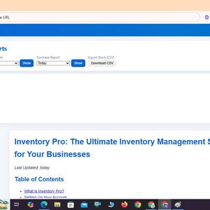 May include: A web browser interface displaying the Inventory Management Pro software dashboard. The page features a blue sidebar with navigation links, a reports section with dropdown menus for sales and purchase reports, and a main content area titled Inventory Pro: The Ultimate Inventory Management Software for Your Businesses with a table of contents.