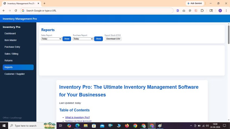 May include: A web browser interface displaying the Inventory Management Pro software dashboard. The page features a blue sidebar with navigation links, a reports section with dropdown menus for sales and purchase reports, and a main content area titled Inventory Pro: The Ultimate Inventory Management Software for Your Businesses with a table of contents.