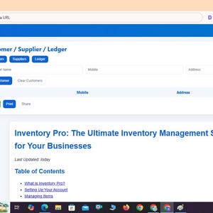 May include: A web browser interface displaying Inventory Management Pro software. The screen shows a Customer, Supplier, and Ledger management page with input fields for name, mobile, and address, alongside navigation menus for dashboard and reports.