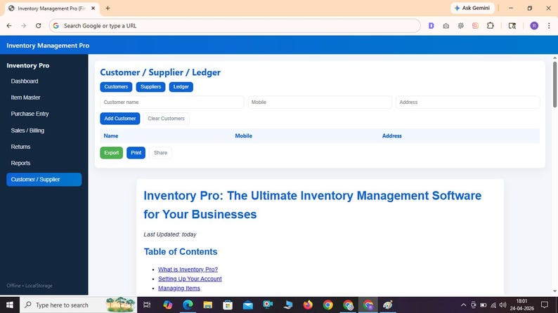 May include: A web browser interface displaying Inventory Management Pro software. The screen shows a Customer, Supplier, and Ledger management page with input fields for name, mobile, and address, alongside navigation menus for dashboard and reports.