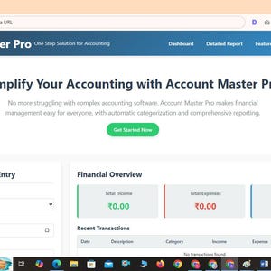 Peut inclure: Une interface web pour le logiciel de comptabilité Account Master Pro avec une barre de navigation, une section principale affichant Simplify Your Accounting with Account Master Pro, un bouton vert Get Started Now et un tableau de bord.