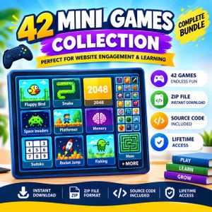 Puede incluir: Una pantalla digital que muestra una colección de 42 minijuegos. La pantalla incluye iconos para Flappy Bird, Snake, 2048, Space Invaders, Platformer, Memory, Sudoku, Rocket Jump, Fishing y Maze. El texto incluye Complete Bundle y Source Code Included.