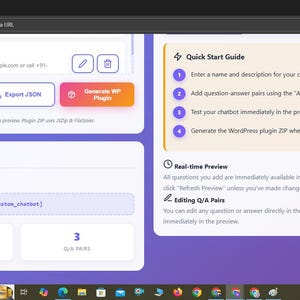 May include: A digital interface for a Custom Chatbot Creator featuring a Quick Start Guide, plugin information, and a generated shortcode labeled [custom_chatbot]. The layout includes buttons for Refresh Preview, Export JSON, and Generate WP Plugin.