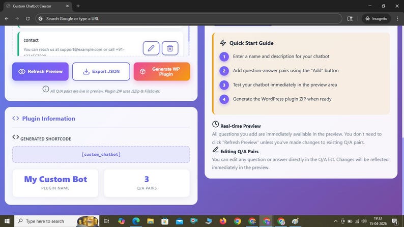 May include: A digital interface for a Custom Chatbot Creator featuring a Quick Start Guide, plugin information, and a generated shortcode labeled [custom_chatbot]. The layout includes buttons for Refresh Preview, Export JSON, and Generate WP Plugin.