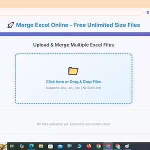 Peut inclure: Une interface de navigateur web intitul&eacute;e Merge Excel Online - Free Unlimited Size Files. La page pr&eacute;sente un cadre bleu en pointill&eacute;s avec une ic&ocirc;ne de dossier jaune, le texte Click here or Drag & Drop Files, et supporte .xlsx, .xls, .csv.