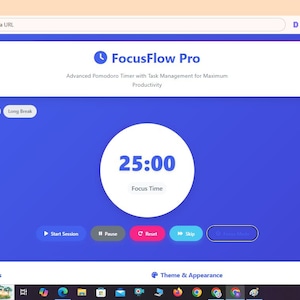 Puede incluir: Una interfaz digital para FocusFlow Pro, un temporizador Pomodoro avanzado con gesti&oacute;n de tareas. La pantalla muestra un c&iacute;rculo blanco central con 25:00, etiquetado como Focus Time, sobre un fondo azul vibrante con botones.