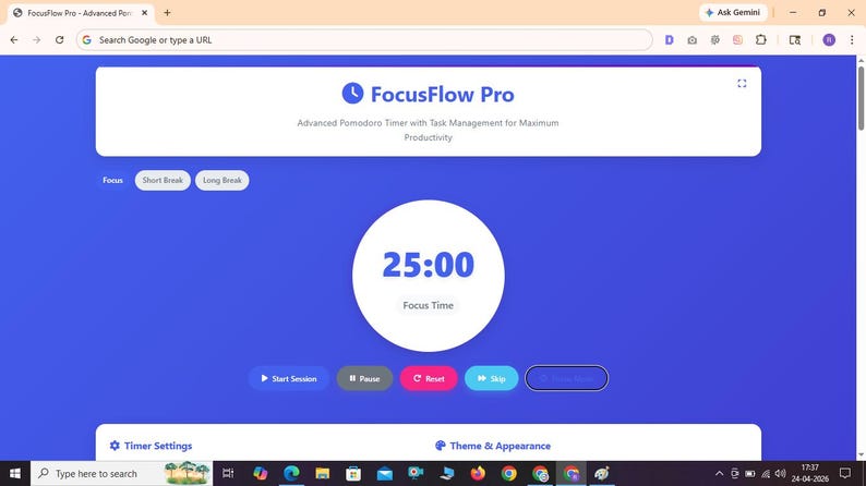 Puede incluir: Una interfaz digital para FocusFlow Pro, un temporizador Pomodoro avanzado con gesti&oacute;n de tareas. La pantalla muestra un c&iacute;rculo blanco central con 25:00, etiquetado como Focus Time, sobre un fondo azul vibrante con botones.