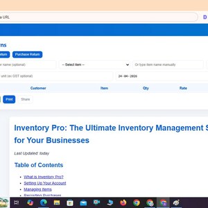 May include: A web browser interface for Inventory Management Pro software displaying a Returns page with input fields for customer name, item selection, quantity, and rate, alongside a table for data and a section titled Inventory Pro: The Ultimate Inventory Management Software for Your Businesses.