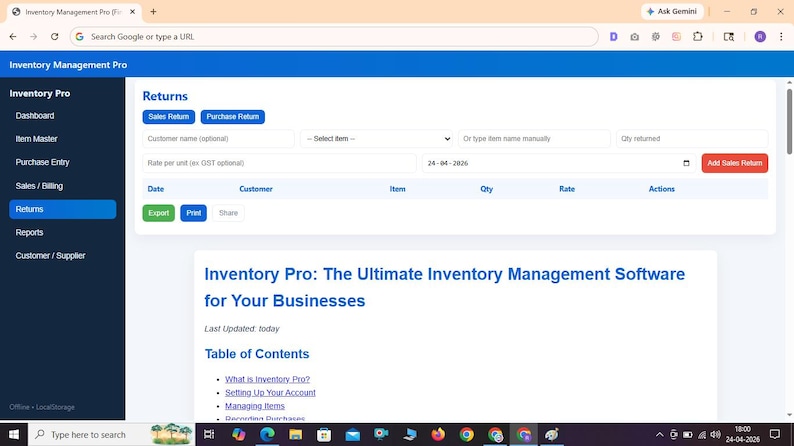 May include: A web browser interface for Inventory Management Pro software displaying a Returns page with input fields for customer name, item selection, quantity, and rate, alongside a table for data and a section titled Inventory Pro: The Ultimate Inventory Management Software for Your Businesses.