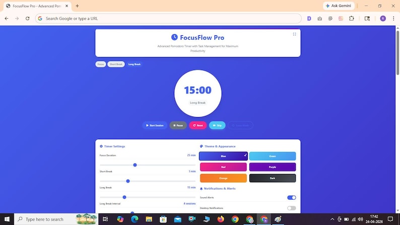 Puede incluir: Una interfaz digital para FocusFlow Pro con un temporizador central configurado en 15:00 para un descanso largo. La pantalla muestra un fondo azul con texto blanco, botones de control del temporizador y un panel de configuraci&oacute;n con controles.