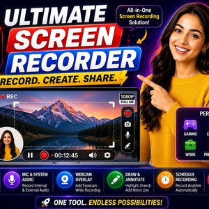 Puede incluir: Un anuncio de software de grabación de pantalla con el texto ULTIMATE SCREEN RECORDER, RECORD. CREATE. SHARE. y ALL-IN-ONE SCREEN RECORDING SOLUTION. El gráfico muestra la interfaz de grabación en la pantalla de un ordenador portátil.