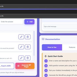 May include: A digital interface for a Custom Chatbot Creator featuring a purple and white color scheme. The layout includes input fields for questions and answers, a list of current Q/A pairs, a preview area, and a documentation section with a Quick Start Guide.