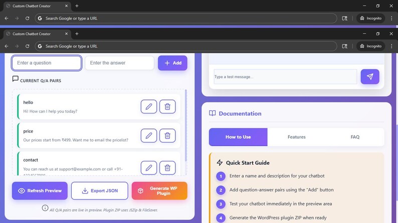 May include: A digital interface for a Custom Chatbot Creator featuring a purple and white color scheme. The layout includes input fields for questions and answers, a list of current Q/A pairs, a preview area, and a documentation section with a Quick Start Guide.