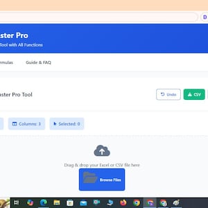 Peut inclure: Une interface web pour Excel Master Pro avec un en-tête bleu affichant le texte Excel Master Pro et Advanced Excel Tool with All Functions. La page comprend des boutons Undo, CSV et XLSX, ainsi qu'une zone de glisser-déposer pour les fichiers.