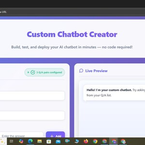 May include: A web interface titled Custom Chatbot Creator with a purple header, a Chatbot Configuration section for naming and describing a bot, and a Live Preview window displaying the text Hello! I'm your custom chatbot. Try asking me a question.