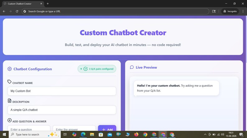 May include: A web interface titled Custom Chatbot Creator with a purple header, a Chatbot Configuration section for naming and describing a bot, and a Live Preview window displaying the text Hello! I'm your custom chatbot. Try asking me a question.