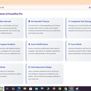 Puede incluir: Una p&aacute;gina web titulada Advanced Features of FocusFlow Pro que muestra ocho tarjetas rectangulares blancas con texto e iconos azules. Las tarjetas describen caracter&iacute;sticas como Customizable Intervals, Six Beautiful Themes, Integrated Task Management, Detailed Progress Analytics, Smart Notifications, Focus Mode, Fullscreen Mode y Fully Responsive Design.
