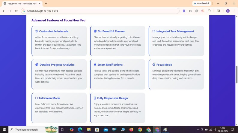 Puede incluir: Una p&aacute;gina web titulada Advanced Features of FocusFlow Pro que muestra ocho tarjetas rectangulares blancas con texto e iconos azules. Las tarjetas describen caracter&iacute;sticas como Customizable Intervals, Six Beautiful Themes, Integrated Task Management, Detailed Progress Analytics, Smart Notifications, Focus Mode, Fullscreen Mode y Fully Responsive Design.
