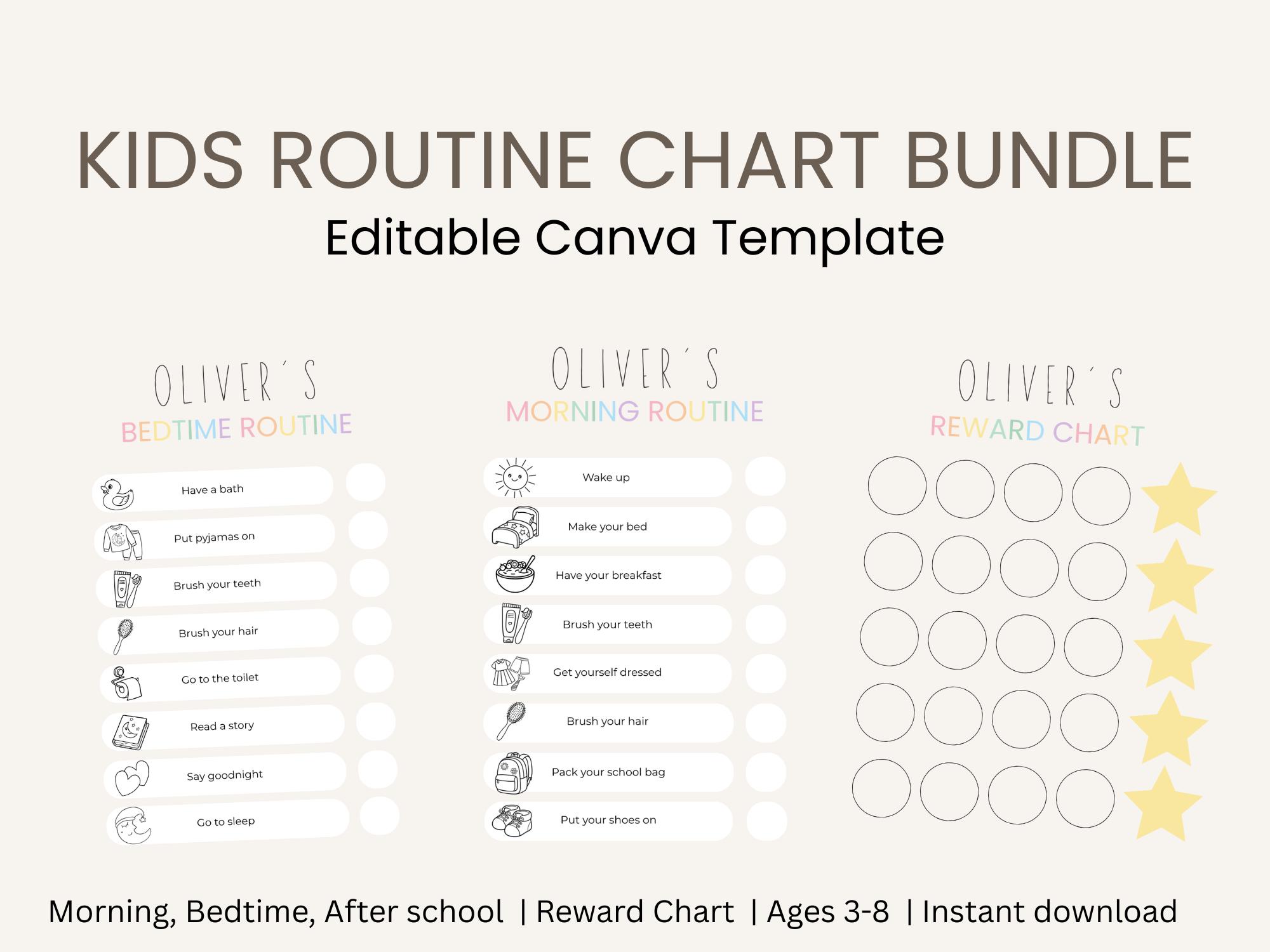 Editable Kids Routine Chart Bundle | Morning After School Bedtime ...