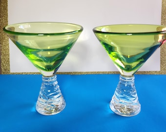 Hand-Blown Martini Glasses With Spiral Stems MCM Vintage Green, Clear, Set of 2