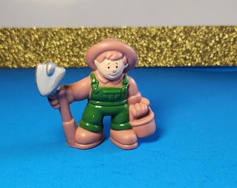 Lincoln Logs Farmer Figurine, Vintage 2 in Plastic w/Overalls Hat Shovel Basket