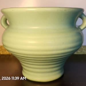 Green Ceramic Art Pottery Vase, Urn, Handles, Decorative, MCM Impressed 281 4.5"