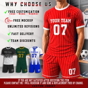Peut inclure: Un ensemble de maillot et short de sport rouge avec des rayures verticales blanches, des bordures blanches et le texte YOUR TEAM 07. L'image contient du texte listant des services comme la personnalisation gratuite et la livraison rapide.