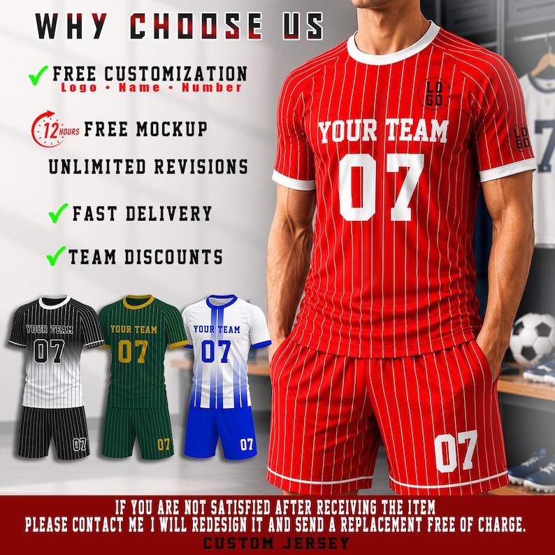 Peut inclure: Un ensemble de maillot et short de sport rouge avec des rayures verticales blanches, des bordures blanches et le texte YOUR TEAM 07. L'image contient du texte listant des services comme la personnalisation gratuite et la livraison rapide.