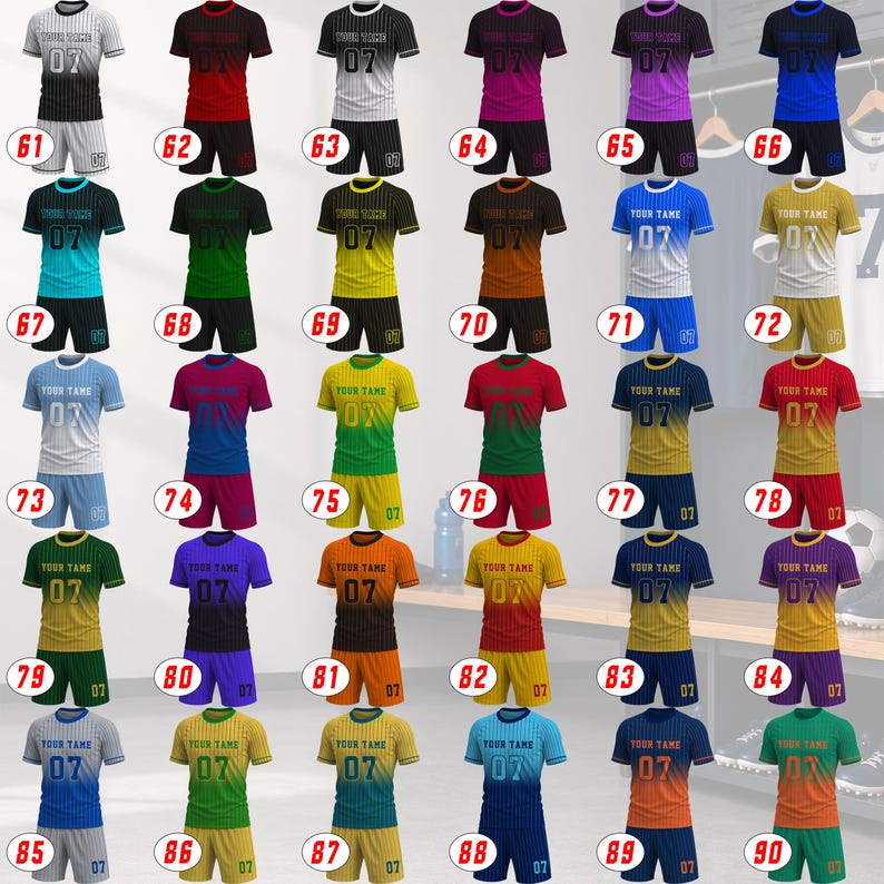 Peut inclure: Une collection de trente ensembles de maillots et shorts de sport, chacun pr&eacute;sentant un motif &agrave; rayures, un d&eacute;grad&eacute; de couleurs et le texte YOUR TAME 07 imprim&eacute; sur la poitrine. Chaque ensemble est num&eacute;rot&eacute; de 61 &agrave; 90.