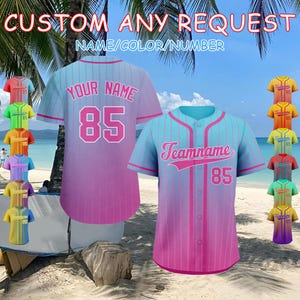 May include: Baseball jerseys in various colors, featuring the text "CUSTOM ANY REQUEST" and "NAME/COLOR/NUMBER". The jerseys have a gradient design with the number "85" and a team name. Additional jerseys in different colors are displayed.