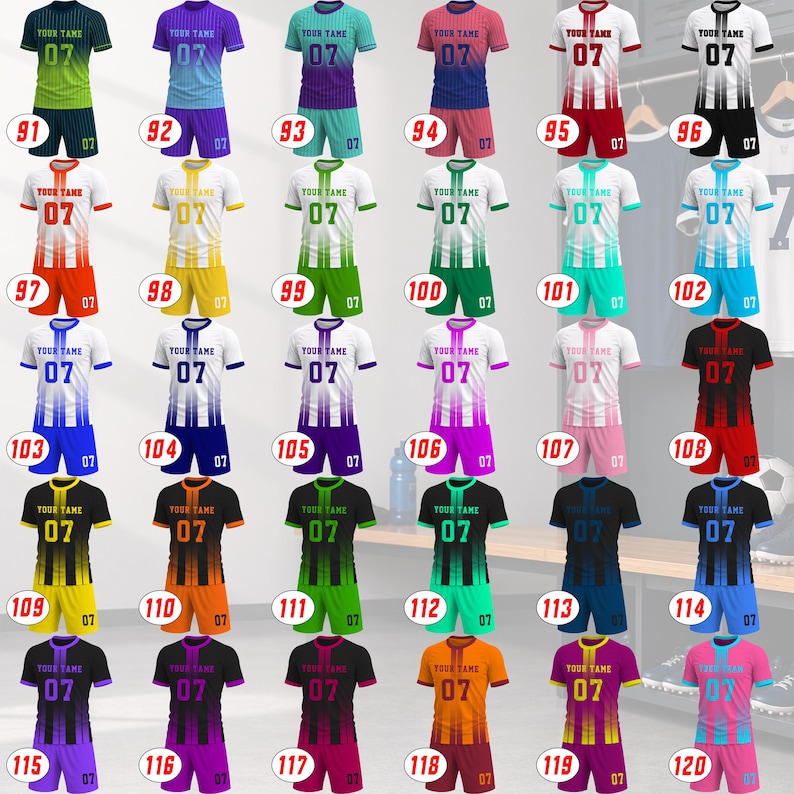 Peut inclure: Une collection de trente ensembles de maillots et shorts de sport aux d&eacute;grad&eacute;s vari&eacute;s, chacun portant le texte YOUR TAME et le num&eacute;ro 07 sur la poitrine et le short, organis&eacute;s en grille avec des &eacute;tiquettes circulaires rouges num&eacute;rot&eacute;es de 91 &agrave; 120.