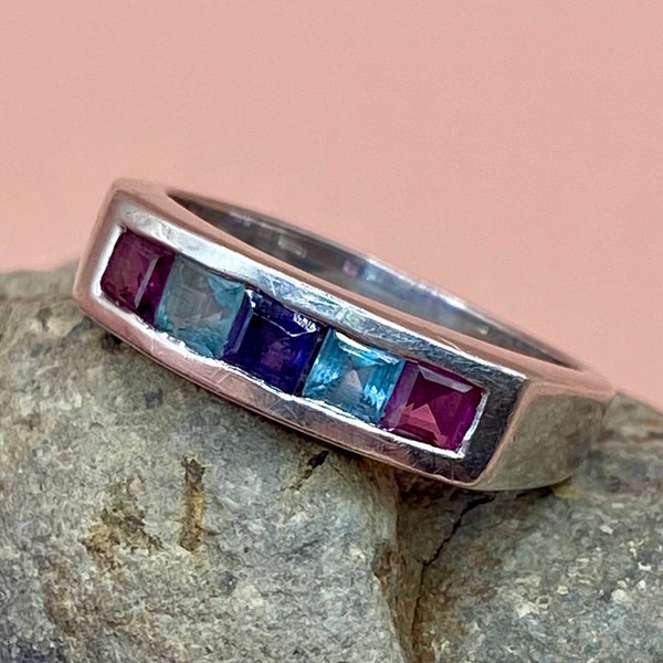 Sterling Silver Multi-stone Ring. 925 Vintage Modern Gemstone Stacker Ring, UK Size N1/2, U.S. Size 6.75