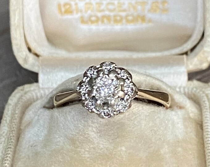 9ct Gold Diamond Daisy Cluster Ring, Vintage Gold Engagement Ring, UK