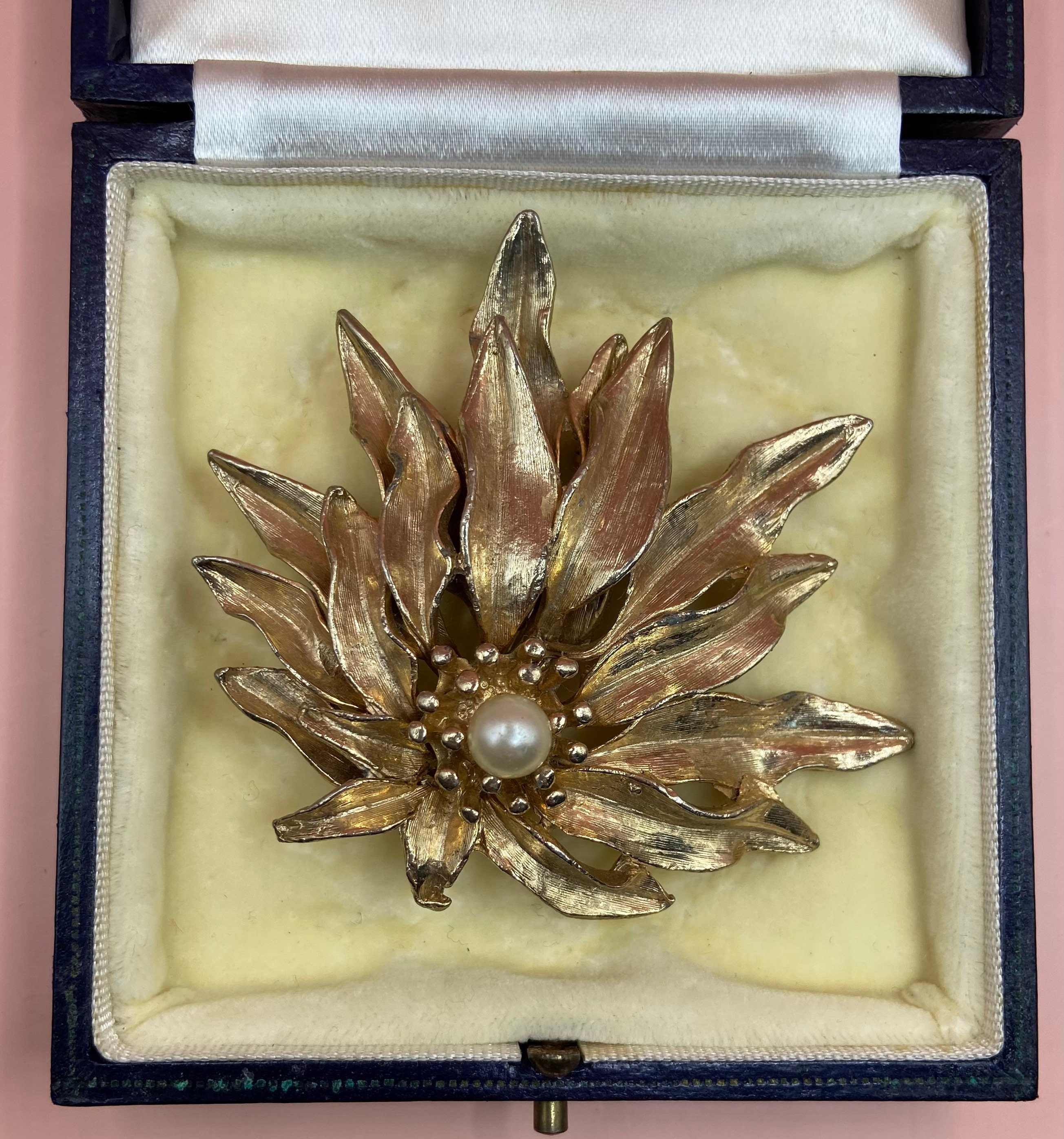 Chrysanthemum 1.85-Carat Old European Cut Diamond and Pearl Brooch