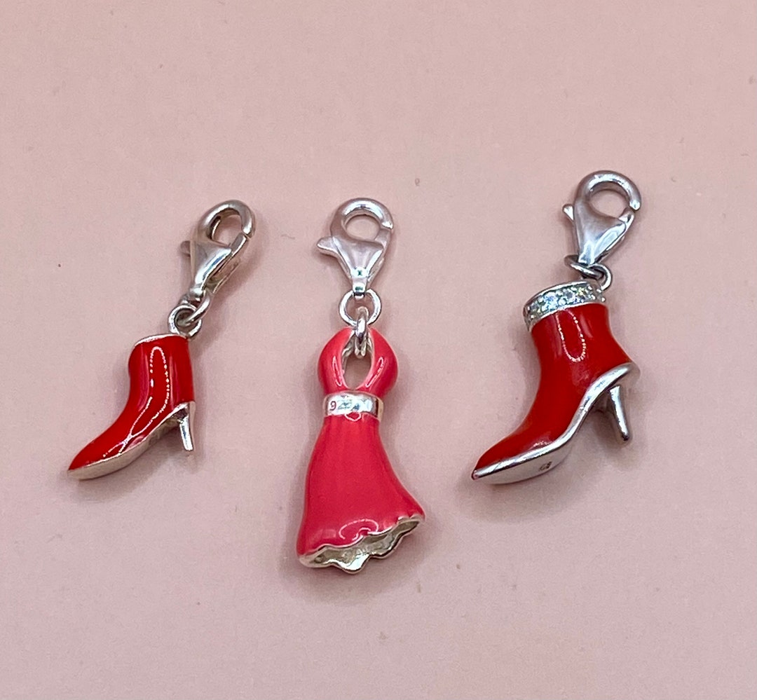 Three Sterling Silver Enamel Clip on Charms. High Heeled Red Boot