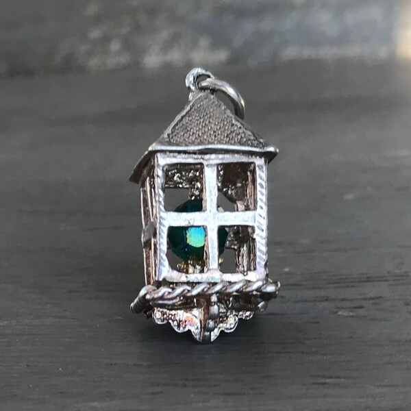 Large Silver with Green Gem Set Lantern Charm. Vintage Lamp Pendant, for Charm Bracelet or Necklace.