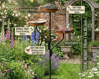 25. Este comedero y bebedero para pájaros silvestres de tres niveles y 19 pulgadas está diseñado para servir también como elemento decorativo para jardines y patios exteriores.