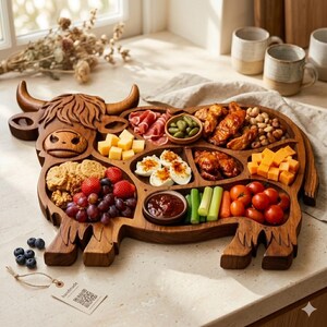 Tabla de embutidos de madera de vaca de las Tierras Altas, bandeja de servir artesanal con forma de animal, decoración rústica de cocina de granja, regalo único para inauguración de casa para ella.