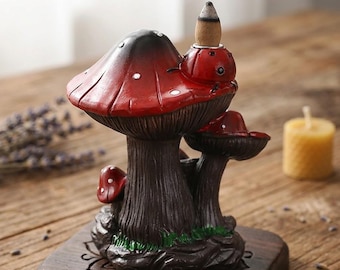 Quemador de incienso de reflujo con forma de hongo, soporte de incienso de resina hecho a mano con forma de seta, decoración rústica, quemador de humo con cascada para jardín de hadas, regalo para ella.