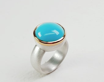 silver gold ring tourquoise cabochon 14,4mm ball setting statement ring