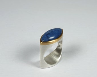 Silver ring Navette shape 925 silver 750 gold Dumortierite extravagant shape statement ring coat ring